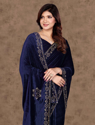 hutah Solid/Plain Bollywood Velvet, Cotton Blend Saree(Dark Blue)