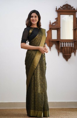 cosfic Striped Bollywood Jacquard, Pure Silk Saree(Black)