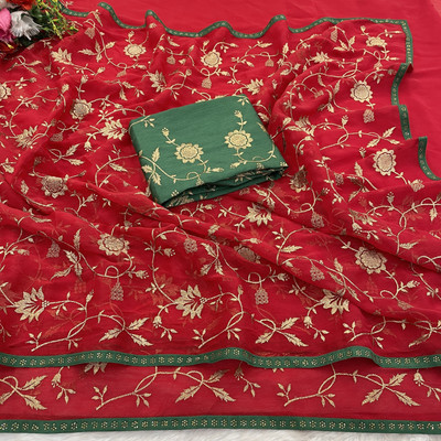 KHRITI FAB Embroidered Bollywood Silk Blend Saree(Red)