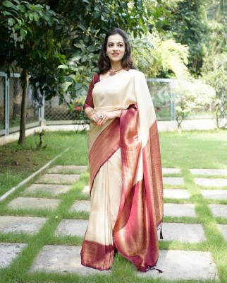 VASALI Woven Kanjivaram Pure Silk, Art Silk Saree(Cream)