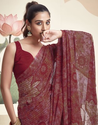 Samah Floral Print, Embroidered, Embellished Bollywood Chiffon, Georgette Saree(Maroon, Yellow, Grey)