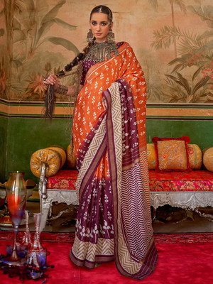 ANOUK Printed Pochampally Silk Blend Saree(Orange)