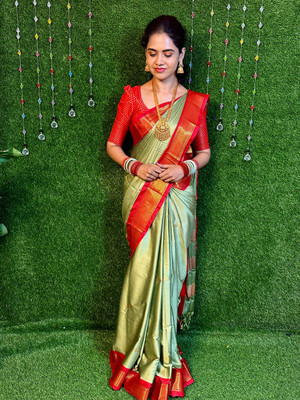 ASCREATIONOO Woven, Self Design, Temple Border Kanjivaram Cotton Silk Saree(Multicolor)