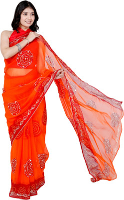 kaccha Soot Embroidered Handloom Georgette Saree(Orange, Red)