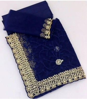 SkyFlock Embroidered, Embellished Bollywood Net Saree(Dark Blue)