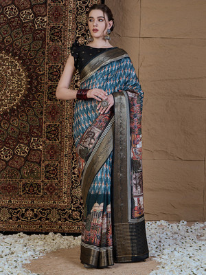 Sareemall Floral Print Chinnalapattu Viscose Rayon Saree(Blue)