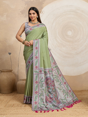 DRAVYA WOMEN Woven Madhubani Jacquard, Silk Blend Saree(Light Green)