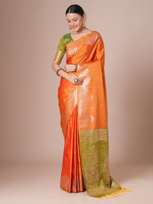 House of Pataudi Woven Banarasi Silk Blend Saree(Orange)