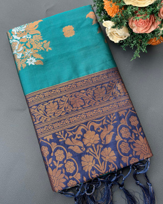 The Geetaz Woven Banarasi Art Silk, Silk Blend Saree(Dark Green, Dark Blue)