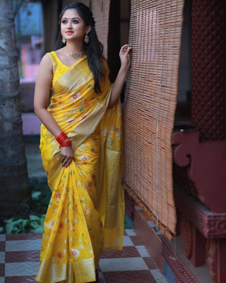 GATISHVAM TEXTILE Woven Banarasi Jacquard Saree(Yellow)