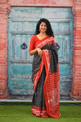 Craftmusium Printed, Color Block, Blocked Printed, Floral Print, Dyed Daily Wear Pure Cotton Saree(Black)