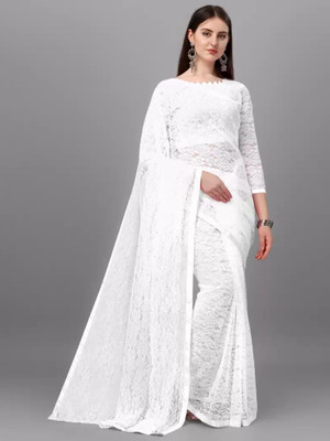 NORAFLEXx Dyed Bollywood Net Saree(White)