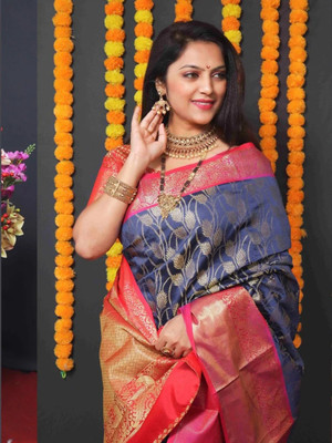 NIYAMI Woven Banarasi Jacquard, Cotton Silk Saree(Dark Blue)