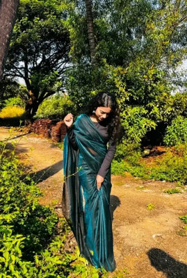 HouseOfCommon Solid/Plain Bollywood Lycra Blend Saree(Light Green)