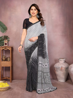 Anand Sarees Striped Leheria Georgette, Lace Saree(Black)