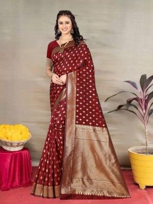 Pervas Woven Kanjivaram Silk Blend, Cotton Silk Saree(Maroon)