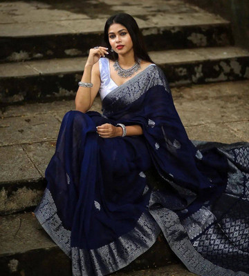 K SALIYA Printed Banarasi Jacquard Saree(Blue)