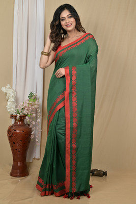 eC ESHA'S COLLECTION Solid/Plain Handloom Cotton Blend Saree(Green, Red)