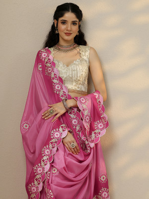 LIBAS Embroidered Daily Wear Silk Blend Saree(Pink)