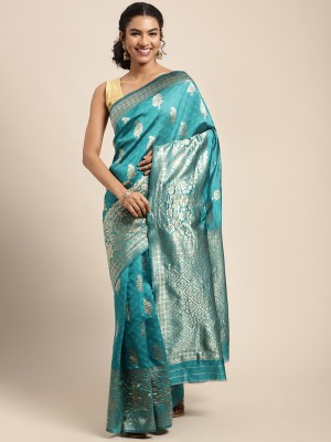 Leeza Store Woven, Self Design Banarasi Silk Blend Saree(Blue)