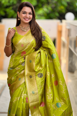 ROOP LAVANYA Woven Paithani Cotton Silk, Jacquard Saree(Light Green)