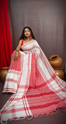 LDma Woven, Self Design Handloom Handloom Cotton Blend Saree(White, Red)