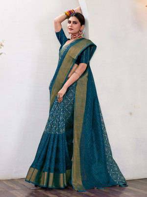 Sareemall Printed Bandhani Silk Blend Saree(Light Blue)