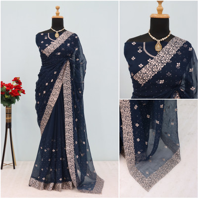 priyanka jayani Embroidered Bollywood Organza Saree(Dark Blue)