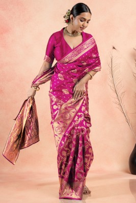 SUBHAM Woven, Embellished Banarasi Silk Blend Saree(Pink, Gold)