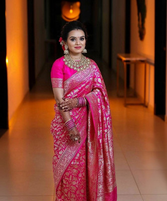 KanjiQueen Woven Banarasi Silk Blend Saree(Pink)