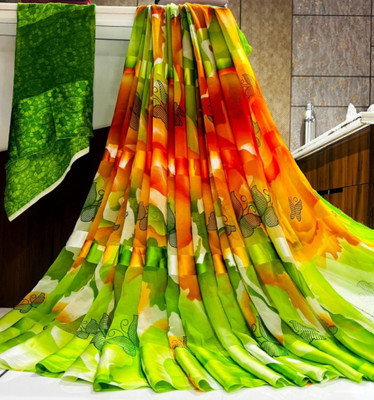 Bombey Velvat Fab Embellished Arani Pattu Georgette, Chiffon Saree(Green)