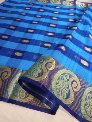 PUJA SHAREE CENTRE Checkered, Paisley, Woven, Self Design Tant Cotton Blend Saree(Light Blue)