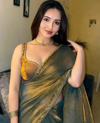 LOROFY Embellished Bollywood Tissue, Silk Blend Saree(Gold)