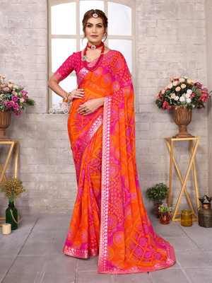 YASHIKA Printed Bollywood Georgette, Lace Saree(Pink)