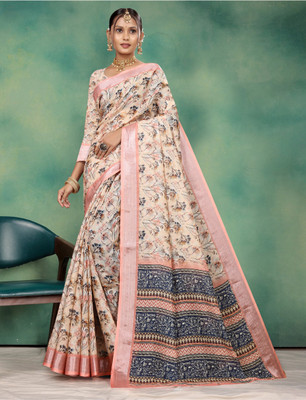 Gajal Printed Kanjivaram Pure Cotton, Cotton Linen Saree(Cream)