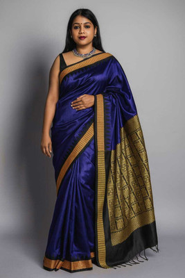 Tilfelle Woven, Temple Border, Solid/Plain Sambalpuri Silk Blend Saree(Blue)