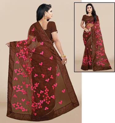 RE Renny Enterprise Embroidered Bollywood Net Saree(Brown)