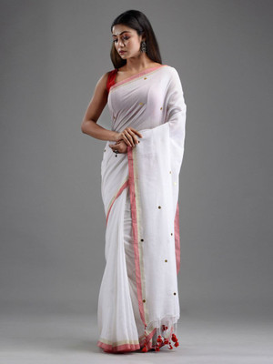 Tant Story Solid/Plain Handloom Cotton Blend Saree(White)