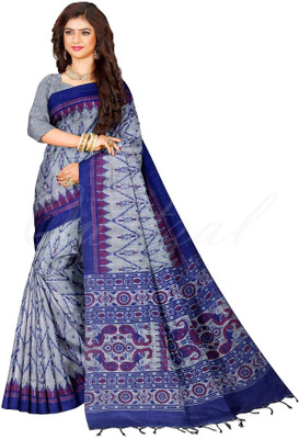 Quetzal Printed Sambalpuri Pure Cotton Saree(Grey, Blue)