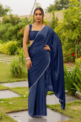 SUBHAM Solid/Plain Bollywood Silk Blend Saree(Dark Blue)