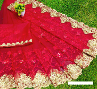 MIYANIFAB Embroidered, Floral Print Bollywood Net Saree(Red)