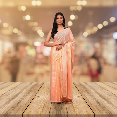 supalee tex Striped Bollywood Raw Silk Saree(Orange)