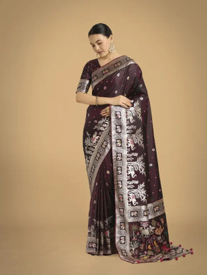 rendol Woven, Floral Print, Animal Print, Embellished Banarasi Satin Saree(Maroon)