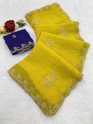 Ethina Fashion Embroidered Bollywood Crepe Saree(Yellow)