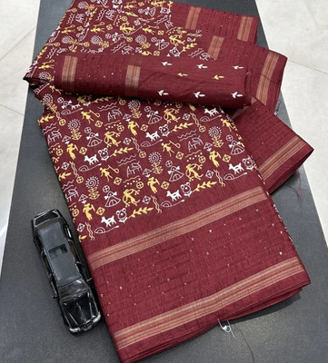 Ridham Printed Kalamkari Silk Blend Saree(Maroon)