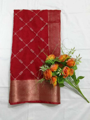 ZAINSAREEMAU Embroidered, Woven, Floral Print Banarasi Organza Saree(Red)