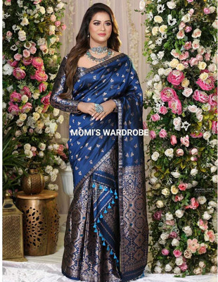 vrajtextiledr Woven Mekhela Chador Pure Silk Saree(Dark Blue)