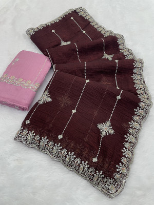 BELLETRENDZ Embroidered Bollywood Jimmy choo Saree(Pack of 2, Brown)