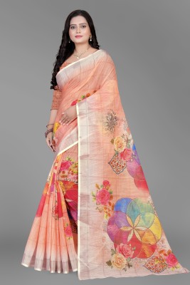 SANJEVAY Digital Print Daily Wear Linen Saree(Cream)