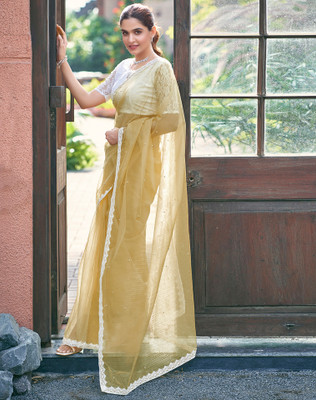 SIRIL Dyed, Embellished, Self Design Bollywood Net Saree(Yellow)